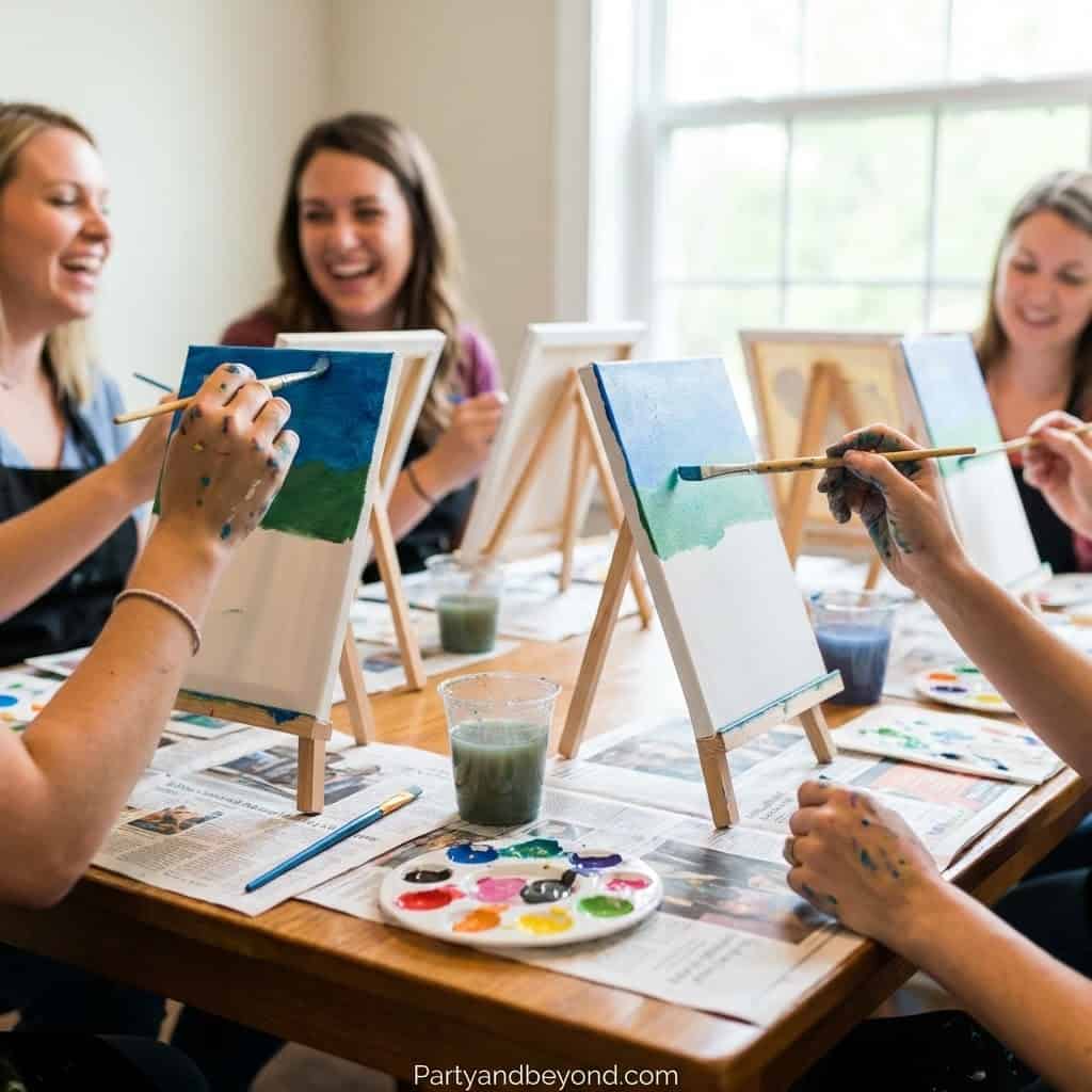 Adults enjoying a fun painting activity at a birthday party with friends.