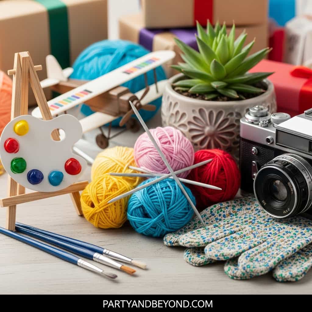 Craft supplies for adult gift and party planning, including yarn, paints, camera, and decorations.
