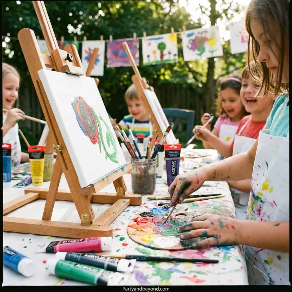 Kids painting activity at a backyard birthday celebration.