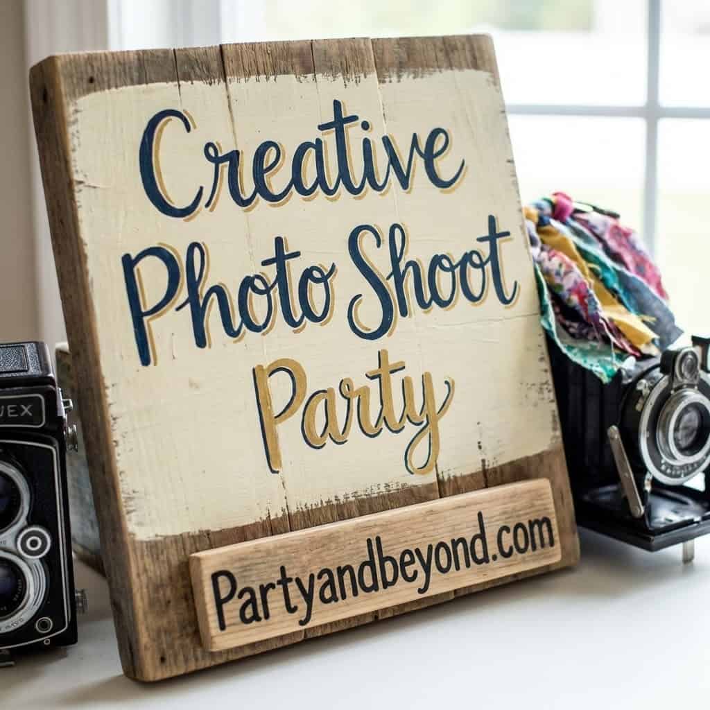 Wooden sign reading "Creative Photo Shoot Party" for 15th birthday celebration.