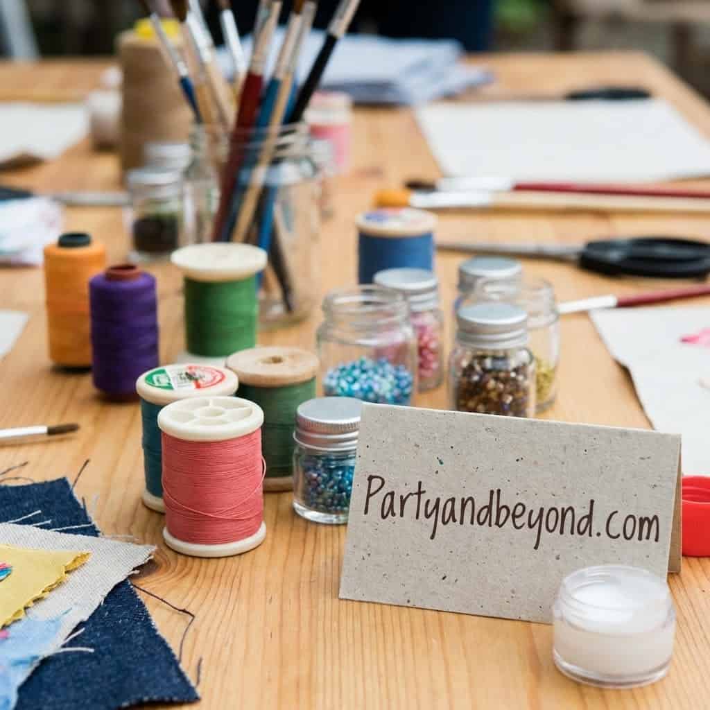 Colorful sewing threads, beads, and craft tools on a wooden table.