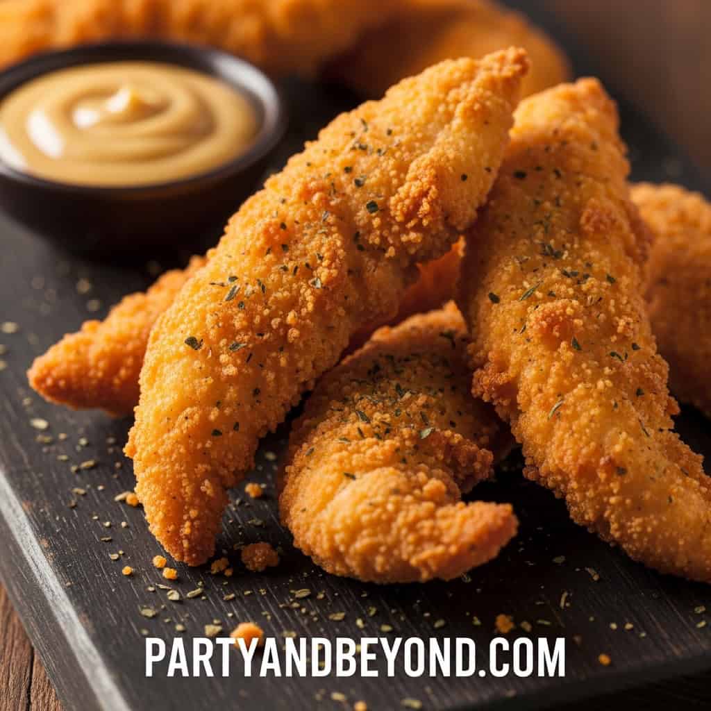 Delicious crispy chicken tenders served with dipping sauce for Super Bowl snacks.
