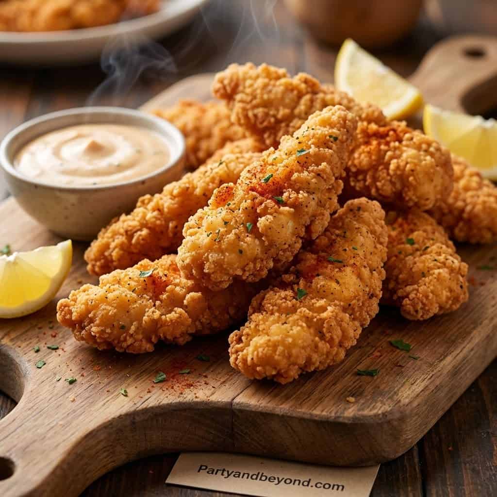 Delicious crispy fried chicken tenders perfect for party snacks and budget-friendly gatherings.