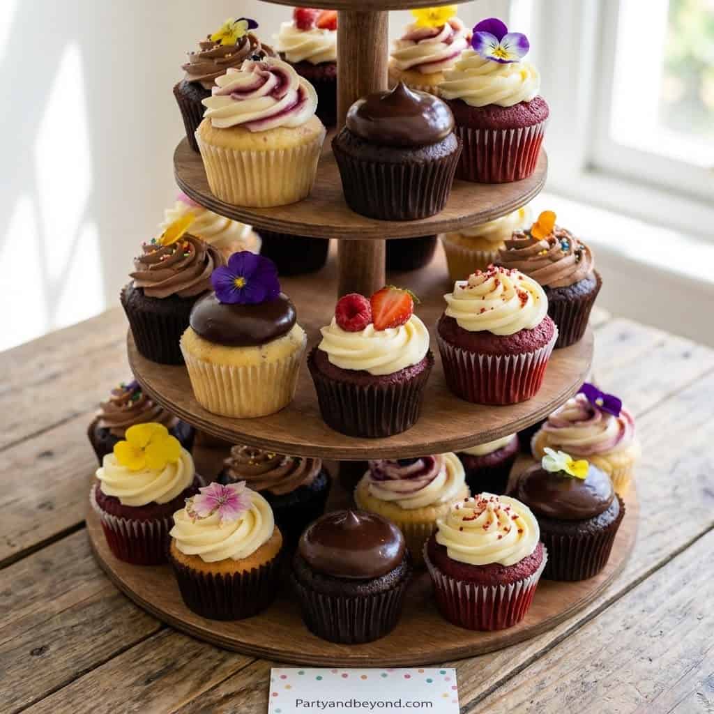 Assorted cupcakes on a tiered stand for party food ideas.