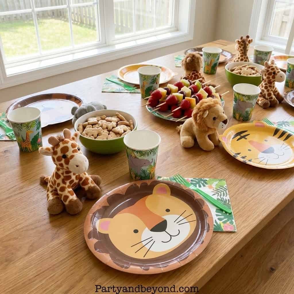 Kids' birthday party table with lion and giraffe themed plates, cups, and plush toys.