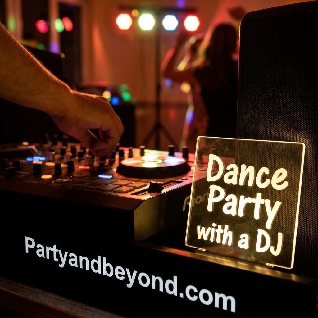 DJ playing music at a 15th birthday dance party with colorful lights.