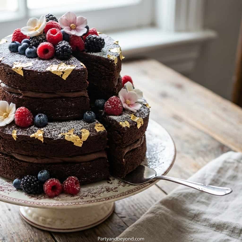 Rich chocolate cake decorated with fresh berries and edible gold leaf for a stylish celebration.