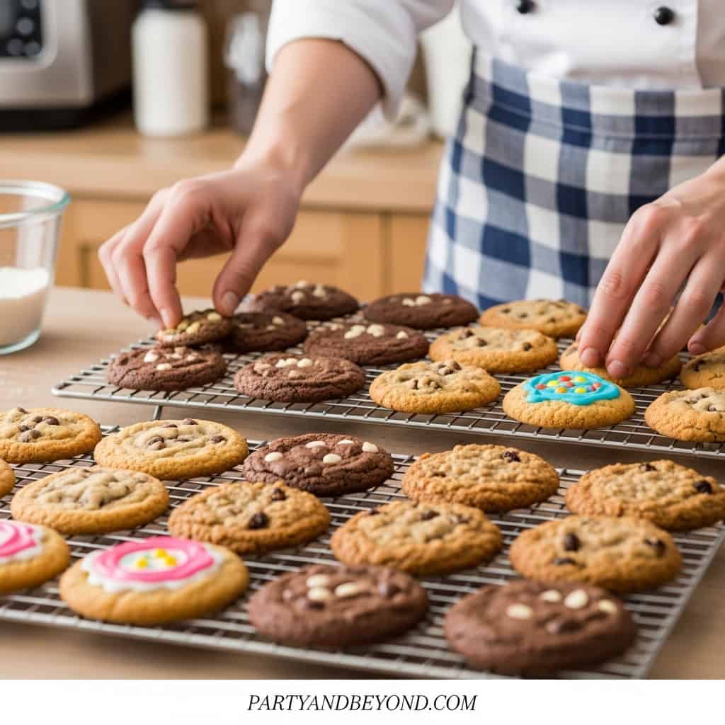 Assorted cookies on cooling racks for a fun home party.
