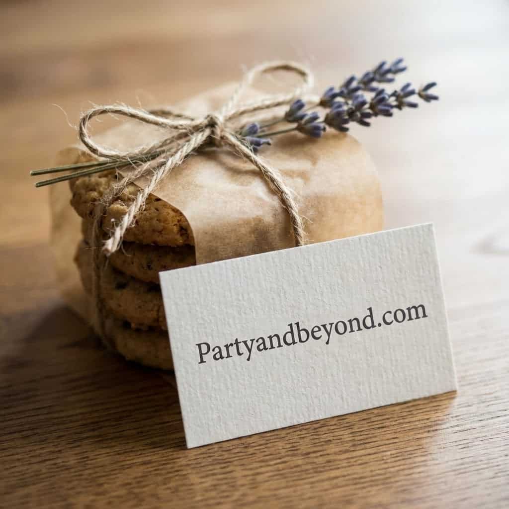 Cookies tied with twine and lavender for a charming party treat.