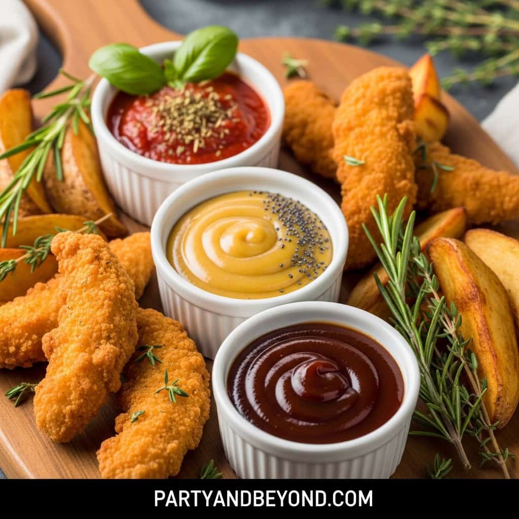 Close-up of crispy chicken tenders with three flavorful dipping sauces and fresh herbs.