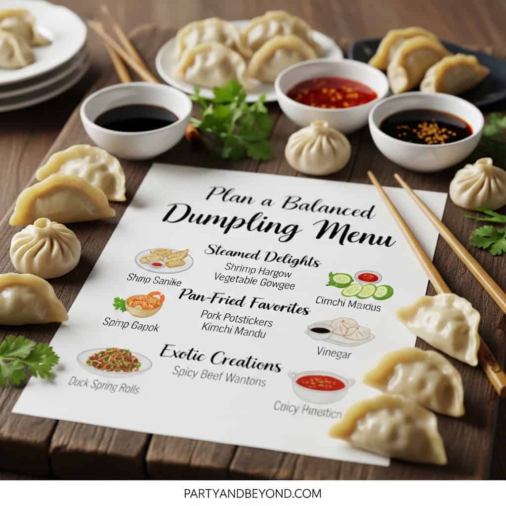 Assorted dumplings and dipping sauces for a dim sum party at home.