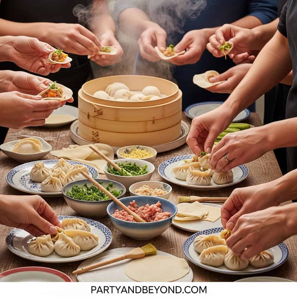 Dumplings and dim sum being prepared at a lively home gathering.
