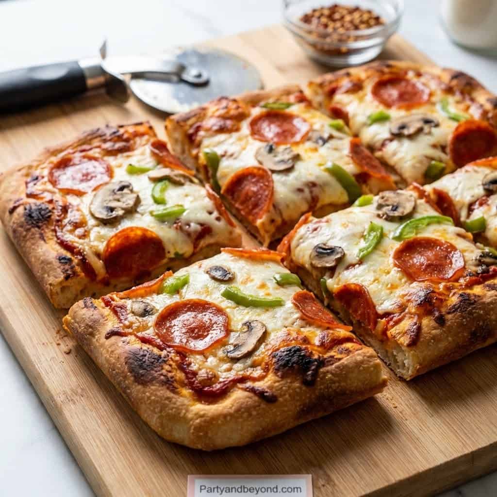 Freshly baked pizza slices with pepperoni, mushrooms, and green peppers on a wooden board.