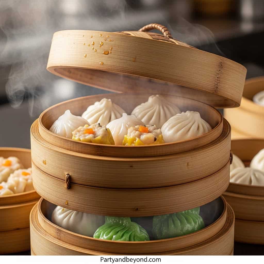 Fresh steamed dumplings in bamboo steamer for a dim sum party.