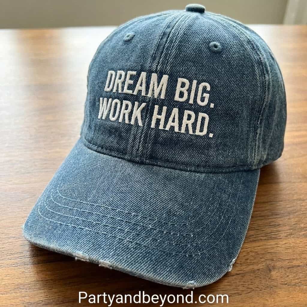 Denim cap with "Dream Big, Work Hard" embroidered text.