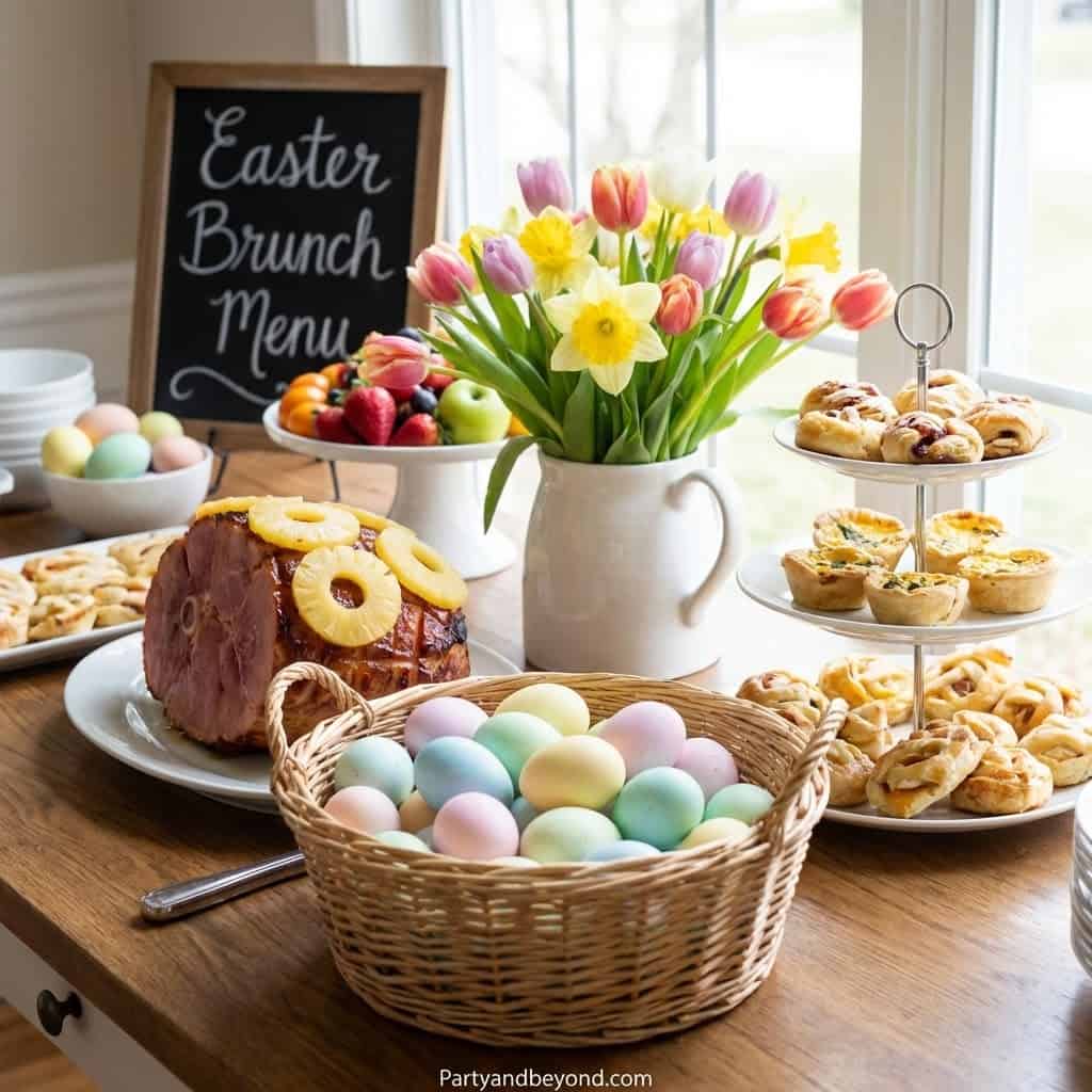 Festive Easter brunch table with colorful flowers, cookies, and pastel eggs for celebration.