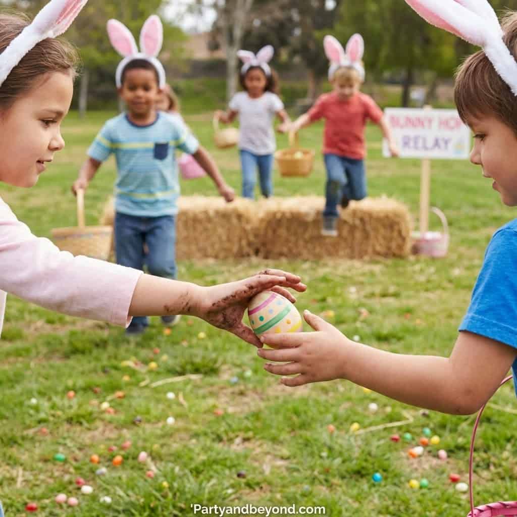 Easter egg hunt with children wearing bunny ears, outdoor celebration, colorful eggs, and festive at.