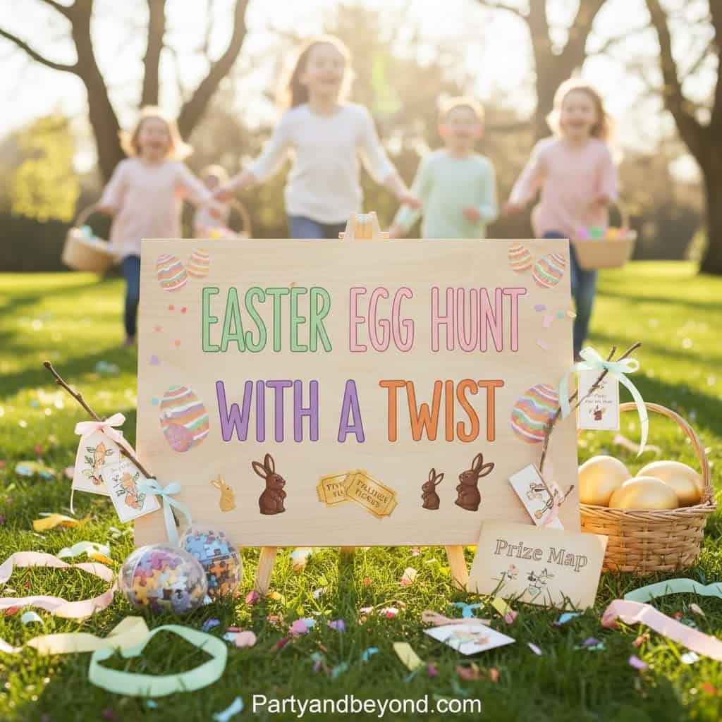 Easter egg hunt sign with bunnies and eggs at spring outdoor party.