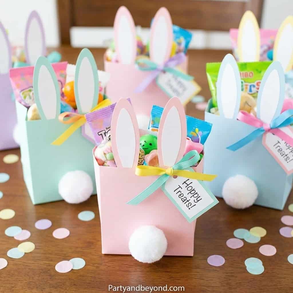 Easter Bunny favor bags with bunny ears, candies, and treats for a festive Easter celebration.