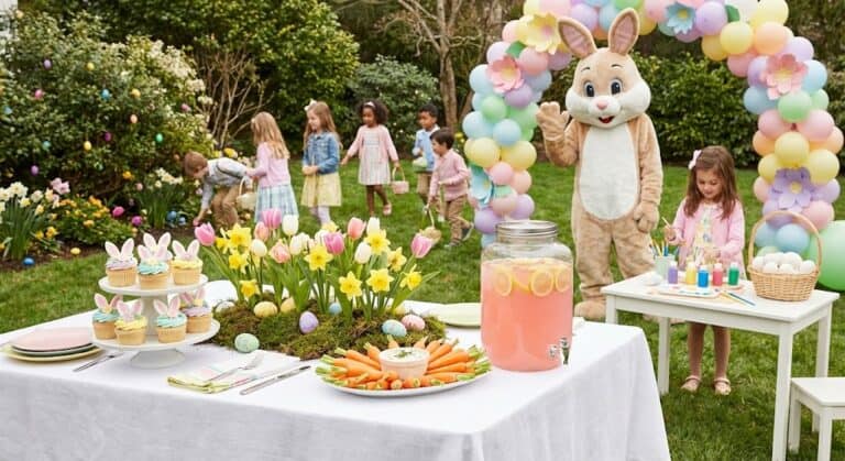 Easter Bunny mascot with children at spring garden party with decorated table and colorful eggs.