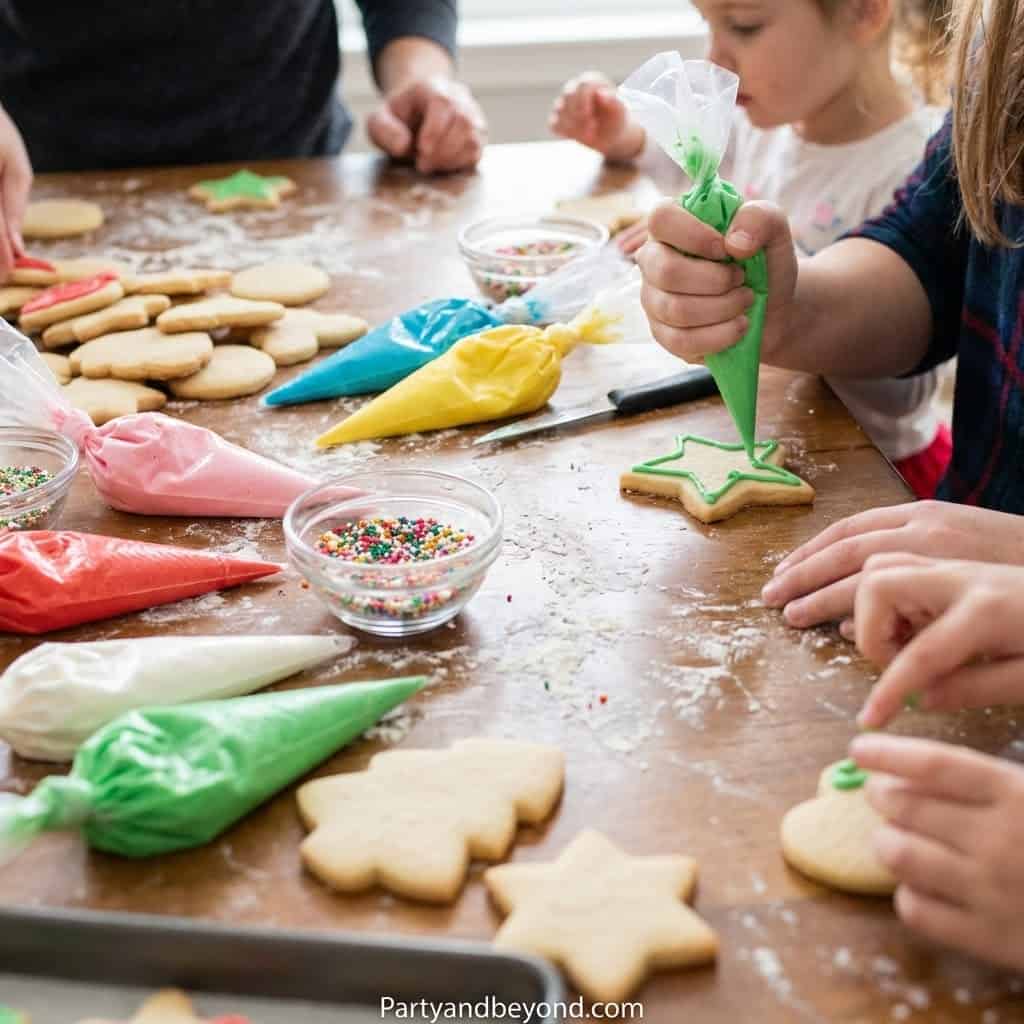Kids decorating Easter cookies with colorful icing and sprinkles.