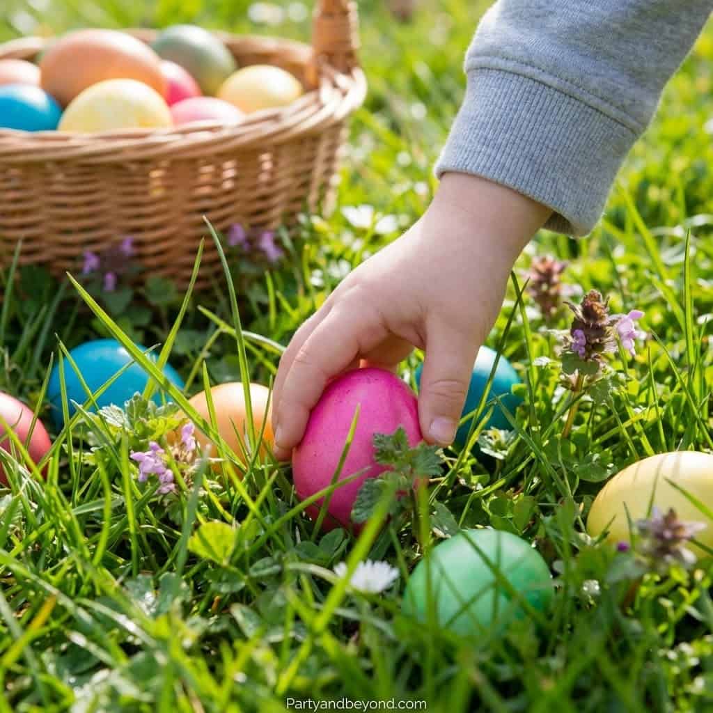 Colorful Easter eggs in grass with child's hand picking an egg.