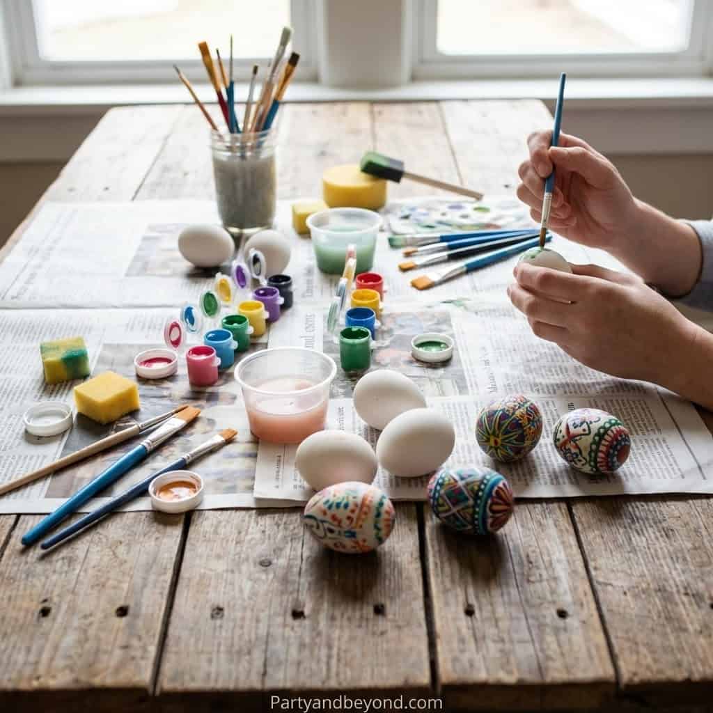 Person painting decorated Easter eggs with brushes and paints on a wooden table.