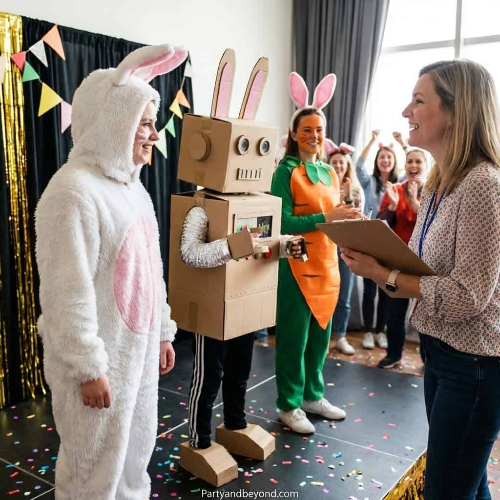 Easter party with people in bunny and robot costumes celebrating together.