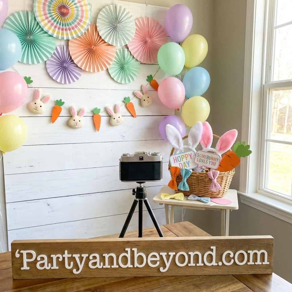 Colorful Easter party decor with bunny and balloon decorations for celebration.