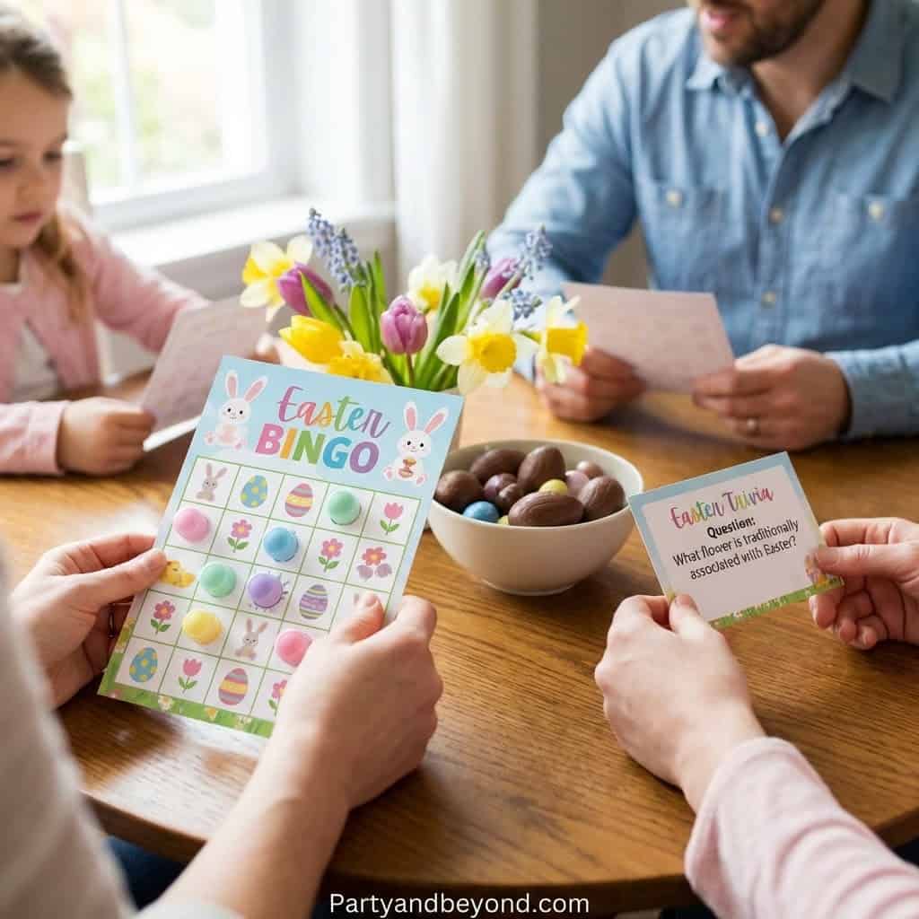 Easter-themed party game with colorful bunny and egg bingo cards for kids and family fun.