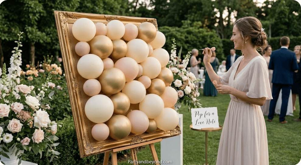 Bride taking a photo of a balloon display at a wedding reception outdoors.