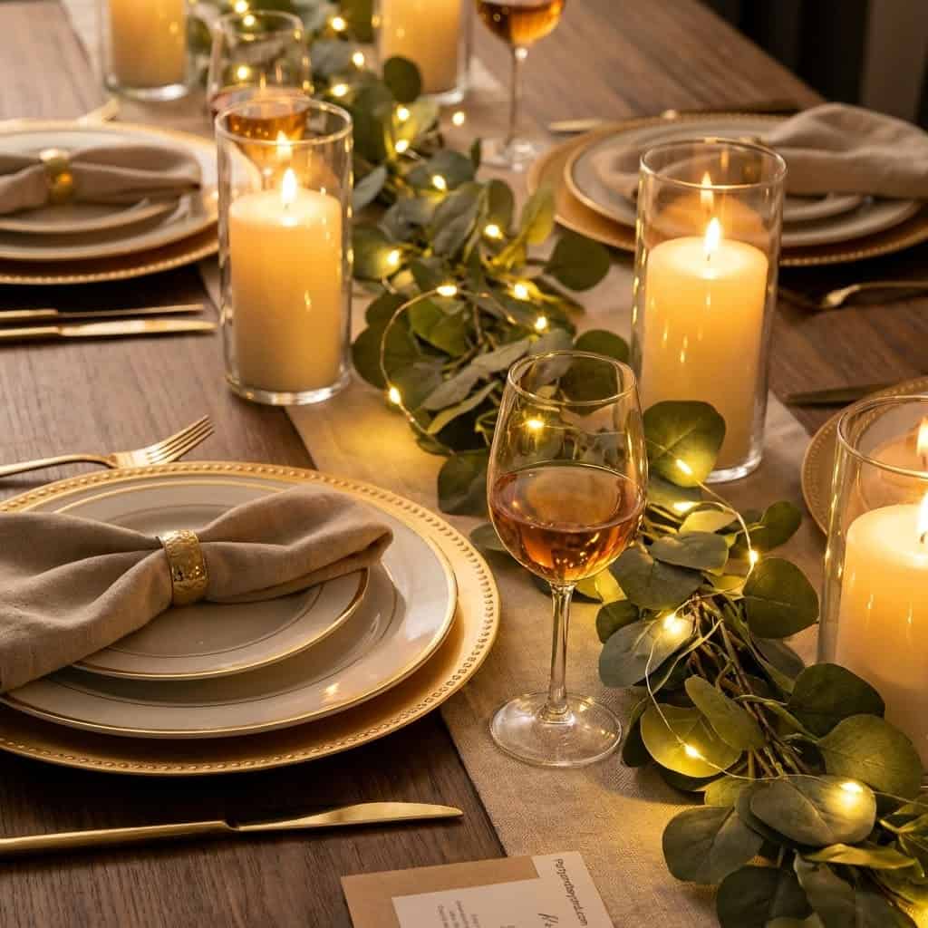 Beautiful candlelit table setup with candles, greenery, and elegant tableware for stylish parties.