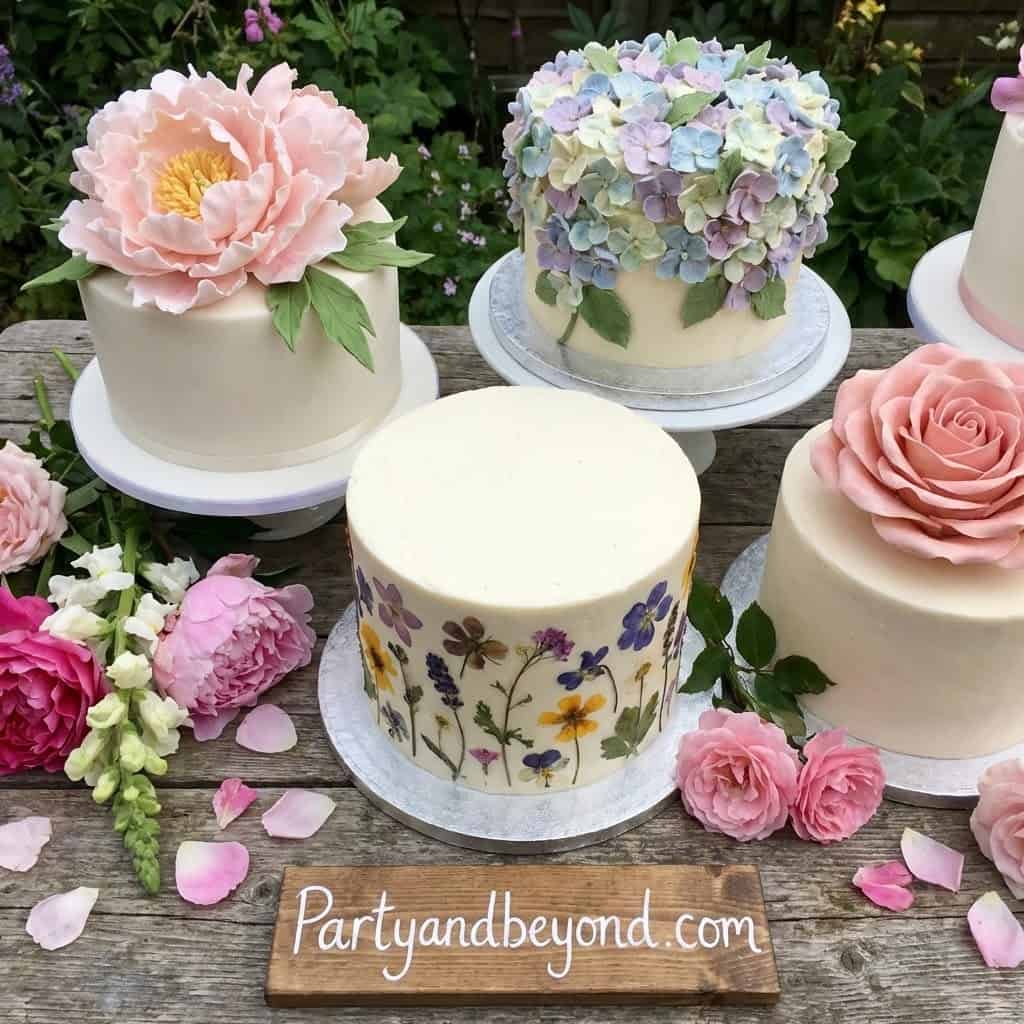 Beautiful flower-themed birthday cakes with pastel colors and floral decorations.