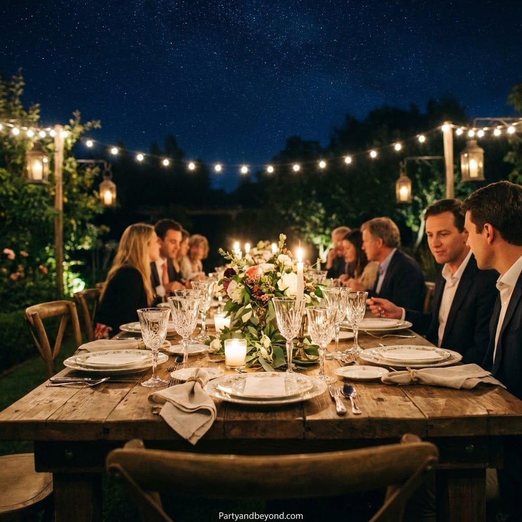 Outdoor garden dinner party with elegant table setting and string lights under a starry sky. Perfect.
