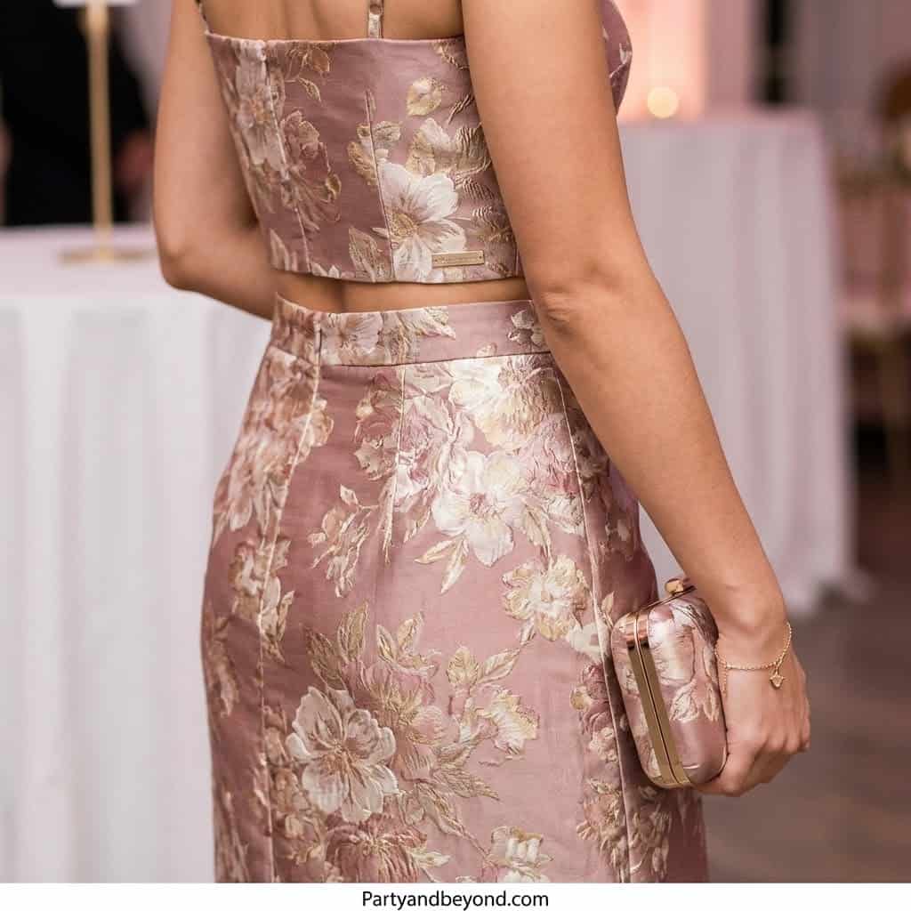 Stylish floral two-piece dress for graduation celebrations.