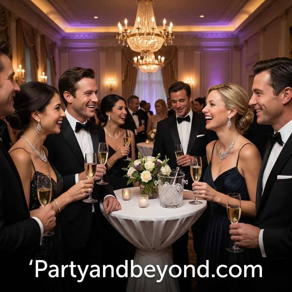 Celebrating a graduation with friends at an upscale party, featuring champagne, formal attire, and a.