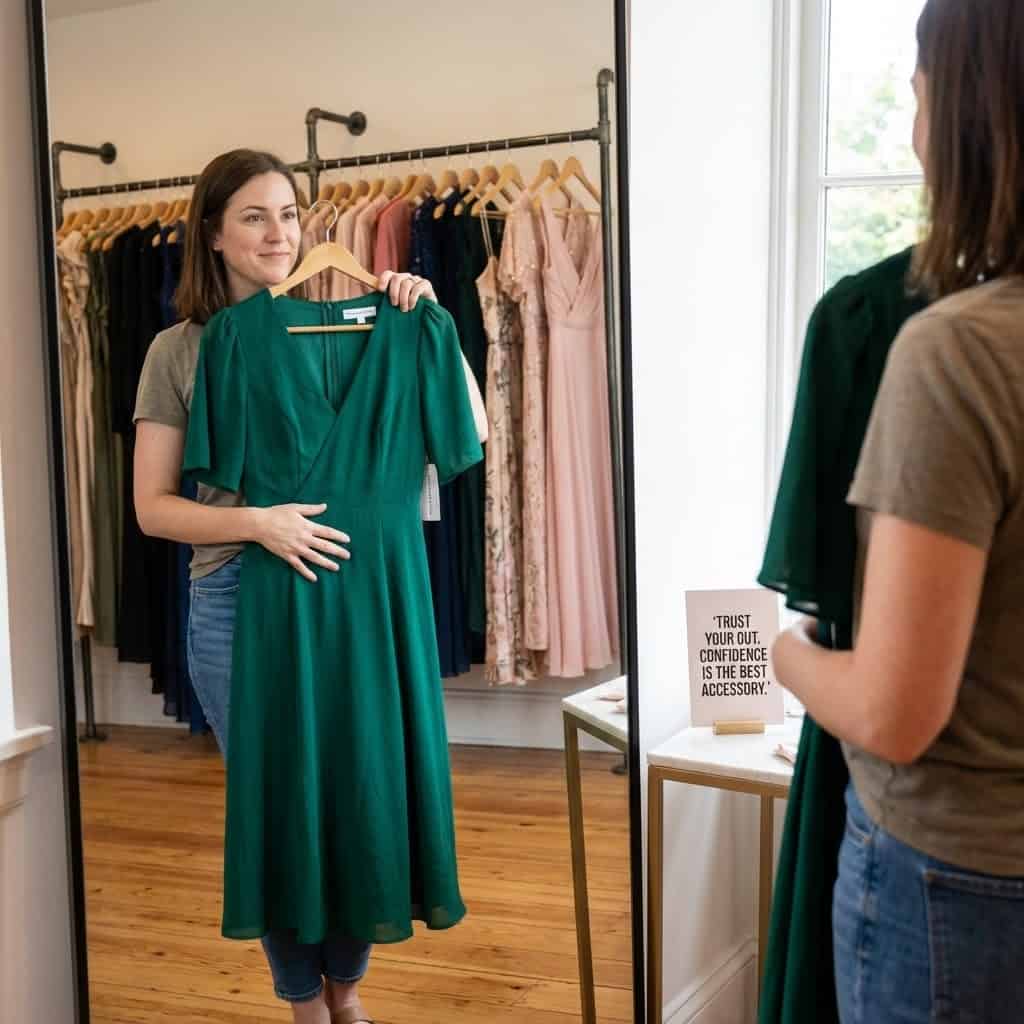 Stylish woman selecting a vibrant green dress in a boutique for a special 16th birthday celebration.