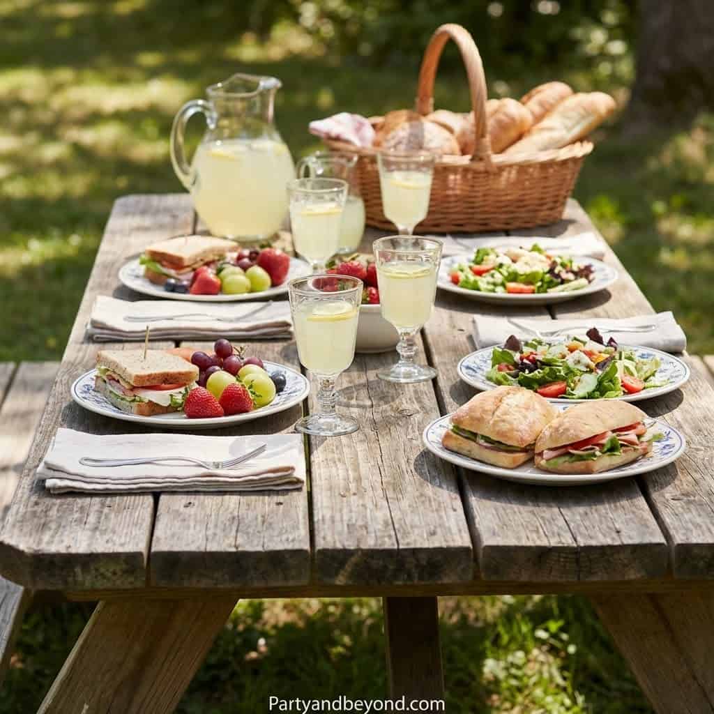 Outdoor graduation party table with sandwiches, salads, and beverages for a stylish celebration.