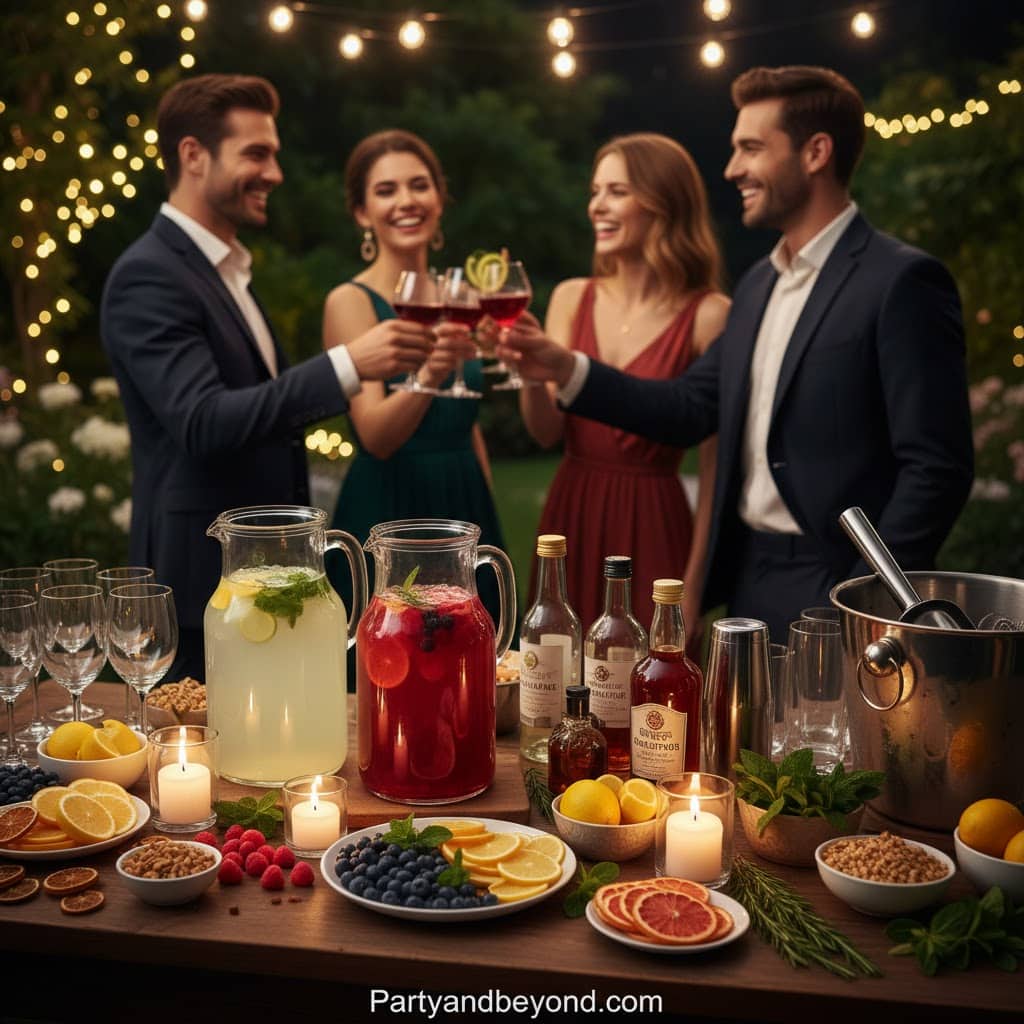 Group of friends enjoying cocktails at an outdoor summer party with string lights.