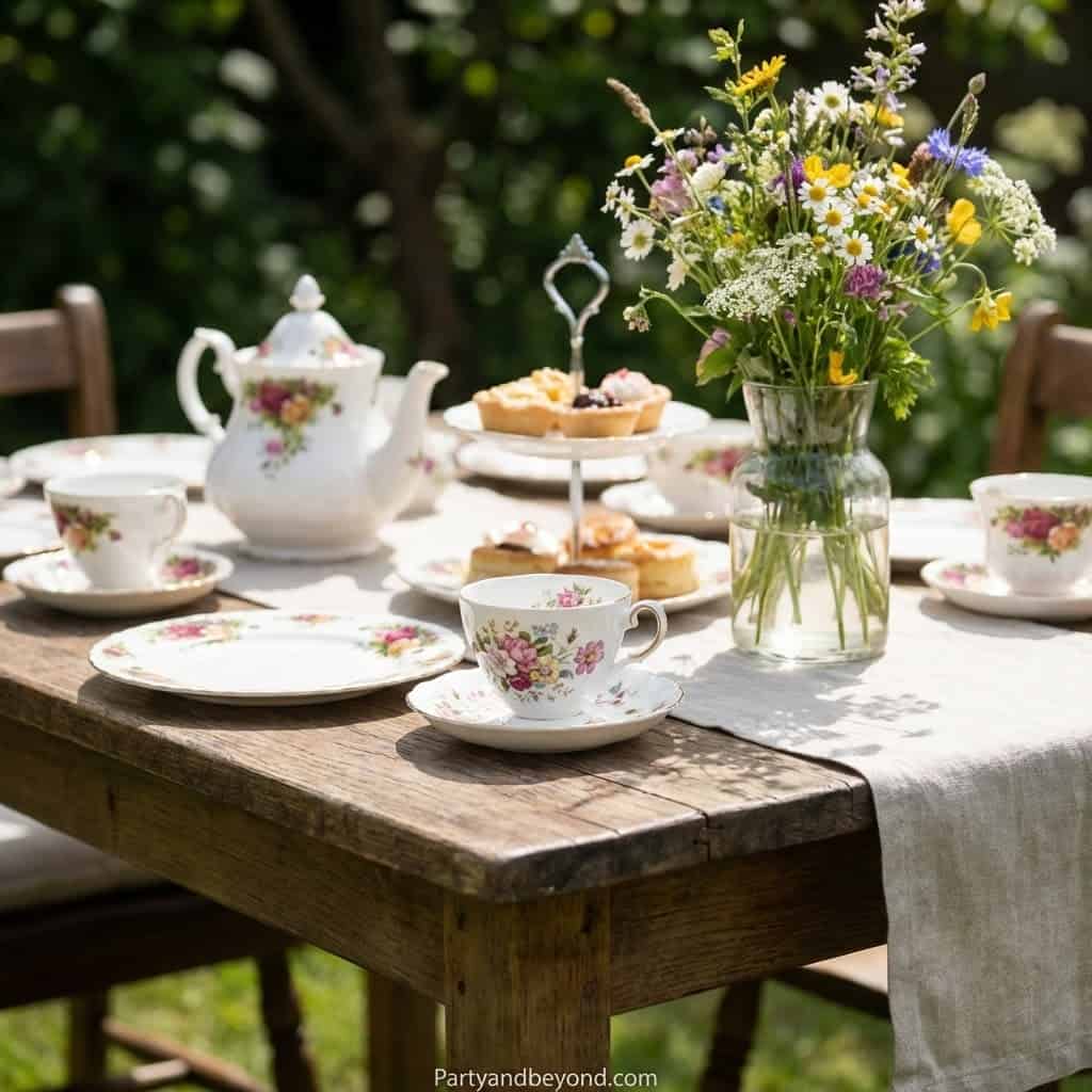 Beautiful backyard tea party with floral tableware and a vibrant flower arrangement.