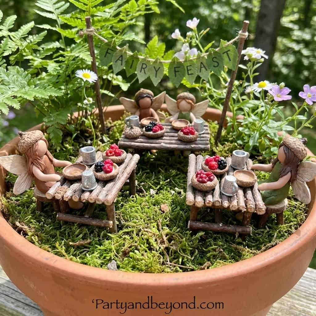 Miniature fairy figurines enjoying a whimsical outdoor tea party with tiny food and fairy-themed dec.