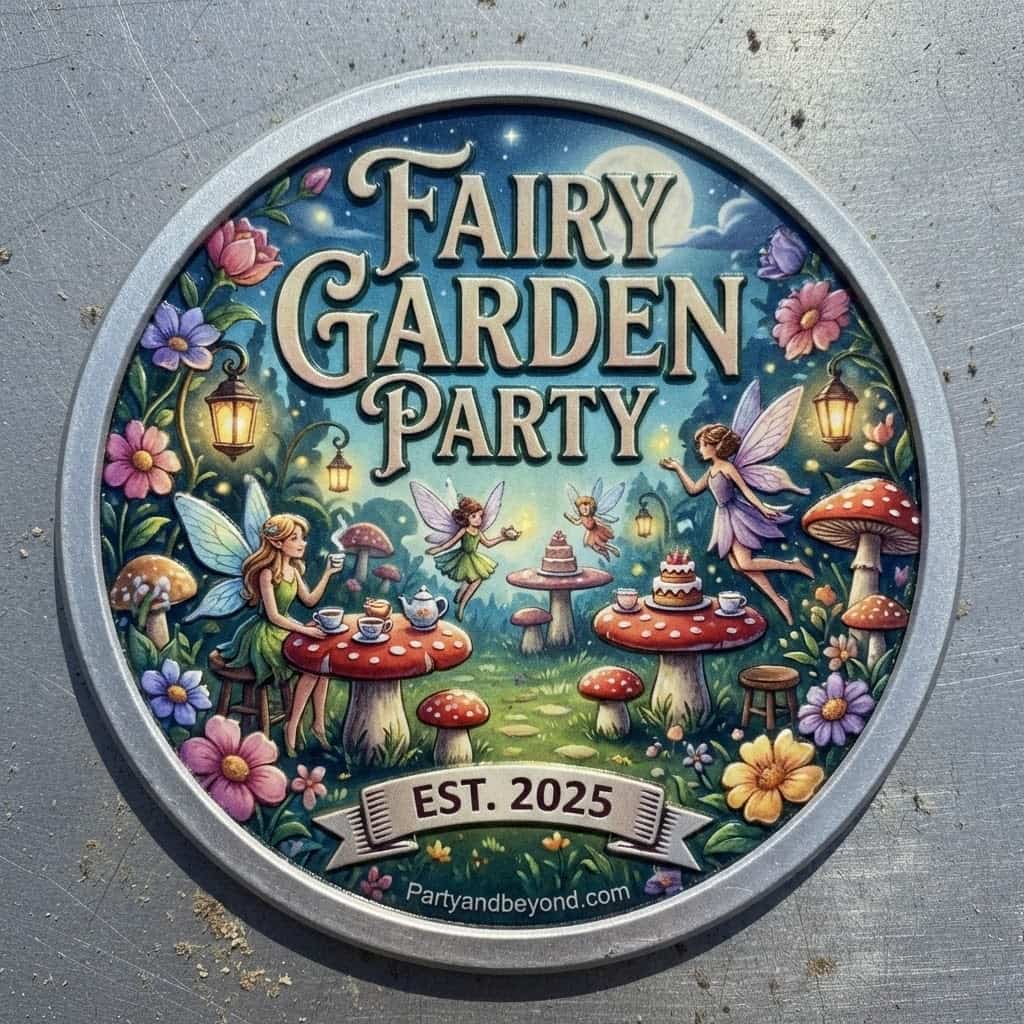 Fairy garden party sign with fairies, mushrooms, and flowers for kids' celebration.