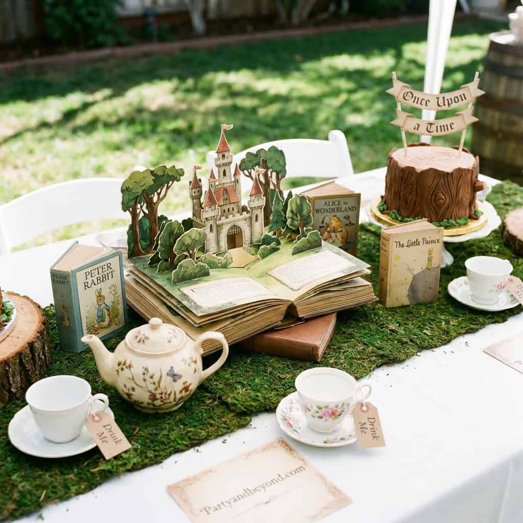 Enchanting fairy tale-themed birthday party with storybook decorations and whimsical details.