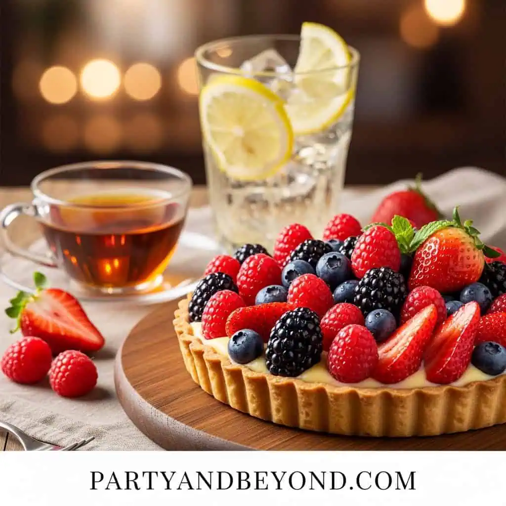 Fresh berry tart with lemon water and tea.