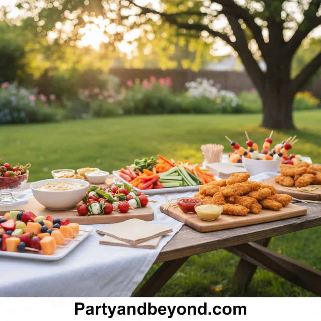 Delicious backyard party food spread with fried chicken, veggie sticks, and fruit skewers outdoors.