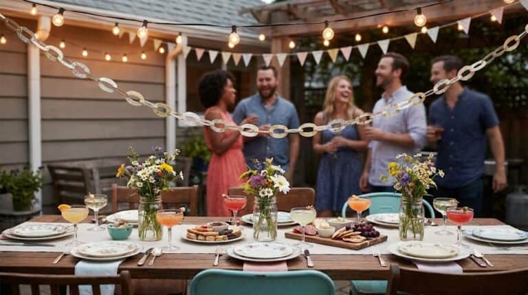 Outdoor birthday celebration with friends and decorated table.