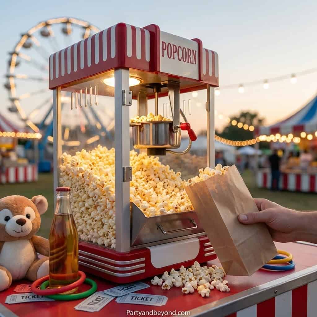 Popcorn machine at outdoor summer event with carnival rides in background.