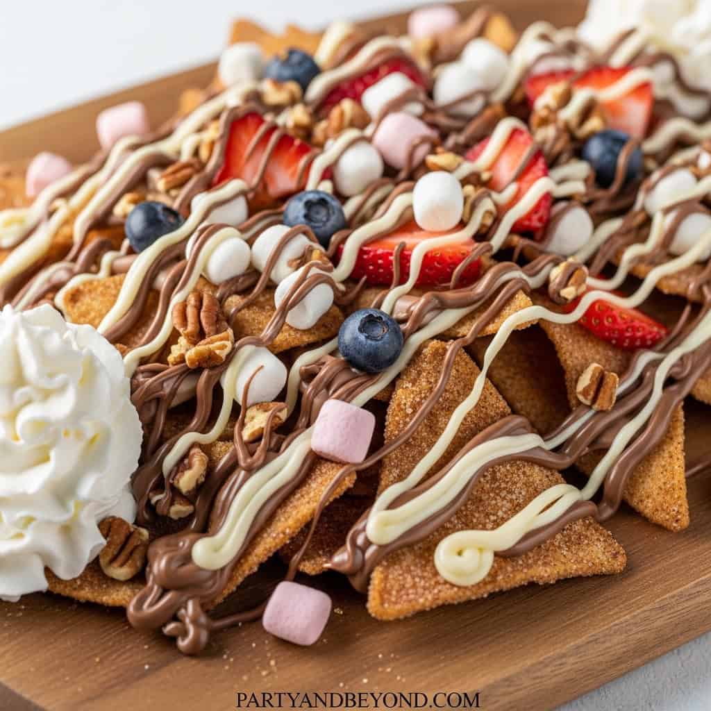 Delicious Super Bowl snack platter with strawberries, blueberries, marshmallows, and chocolate drizz.