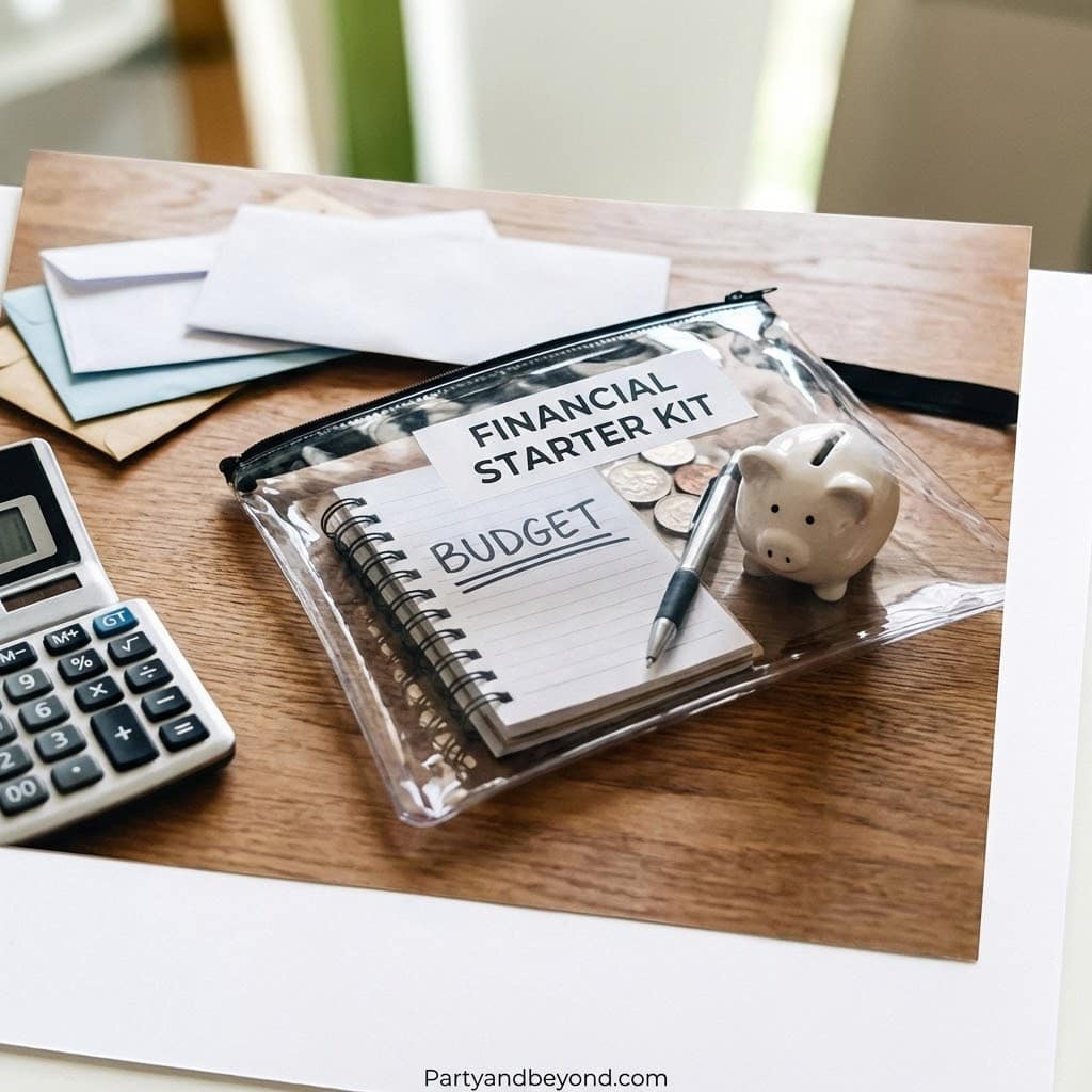 Graduation gift idea featuring a financial starter kit with a piggy bank, budget notebook, and pen.