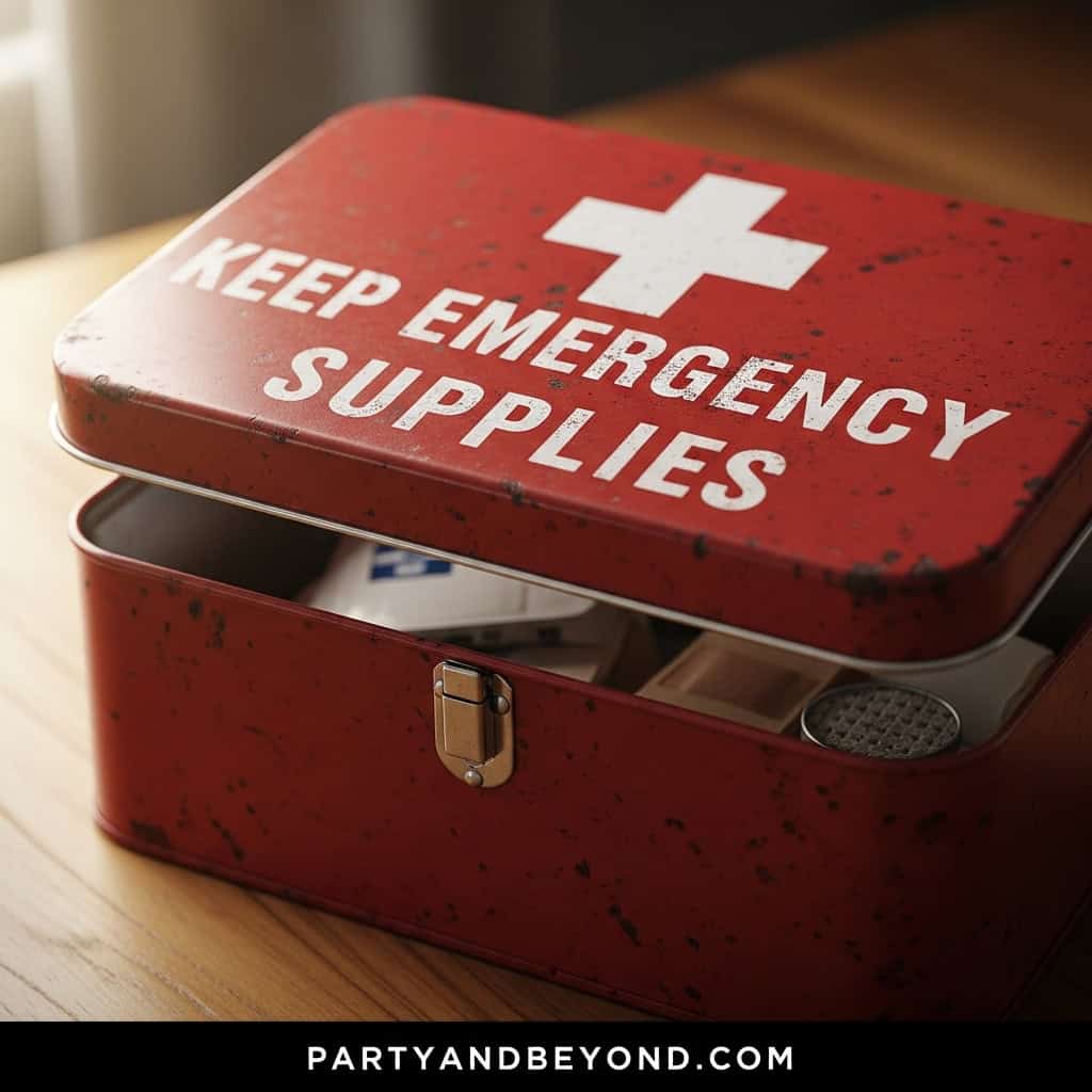 Emergency supplies kit with first aid essentials for adult party and event emergencies.